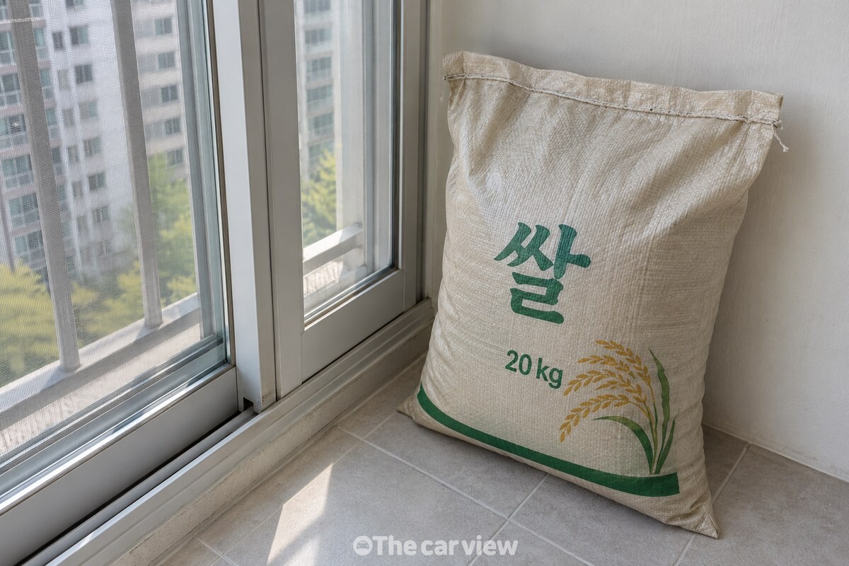 햇빛이 비치는 베란다 한쪽에 쌀 포대를 세워 둔 모습. / 기사 이해를 돕기 위한 생성형 이미지