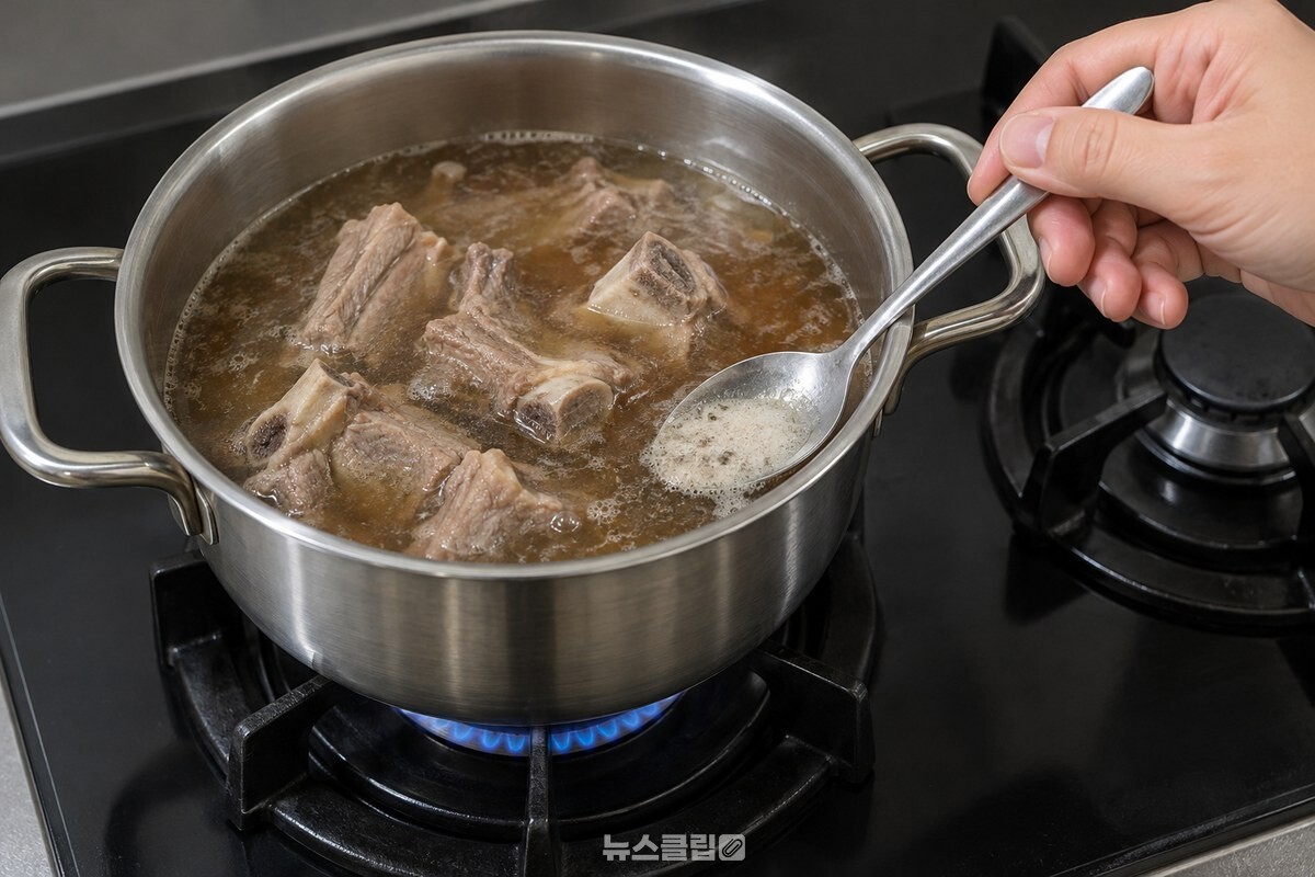냄비에서 익는 갈비찜의 거품을 숟가락으로 걷어 내는 장면. / 기사 이해를 돕기 위한 생성형 이미지