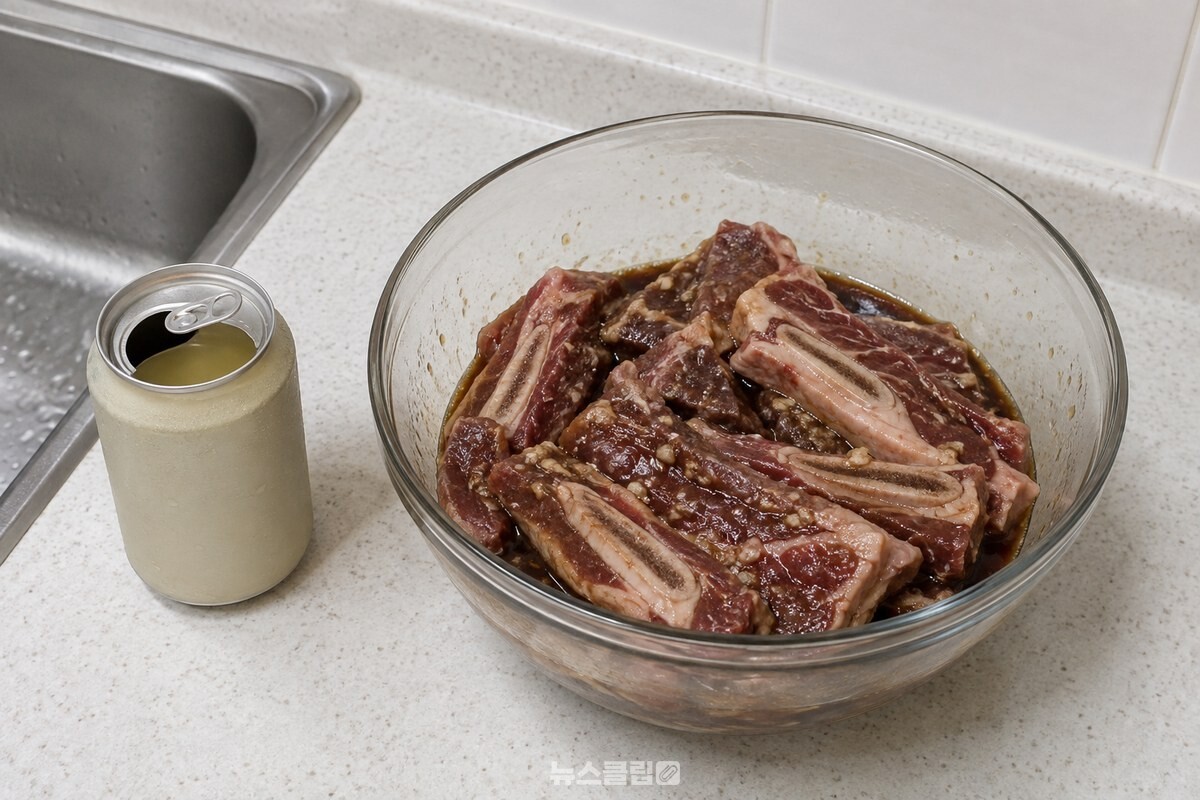 양념장을 입힌 갈비와 곁에 놓인 배즙 음료 반 캔. / 기사 이해를 돕기 위한 생성형 이미지