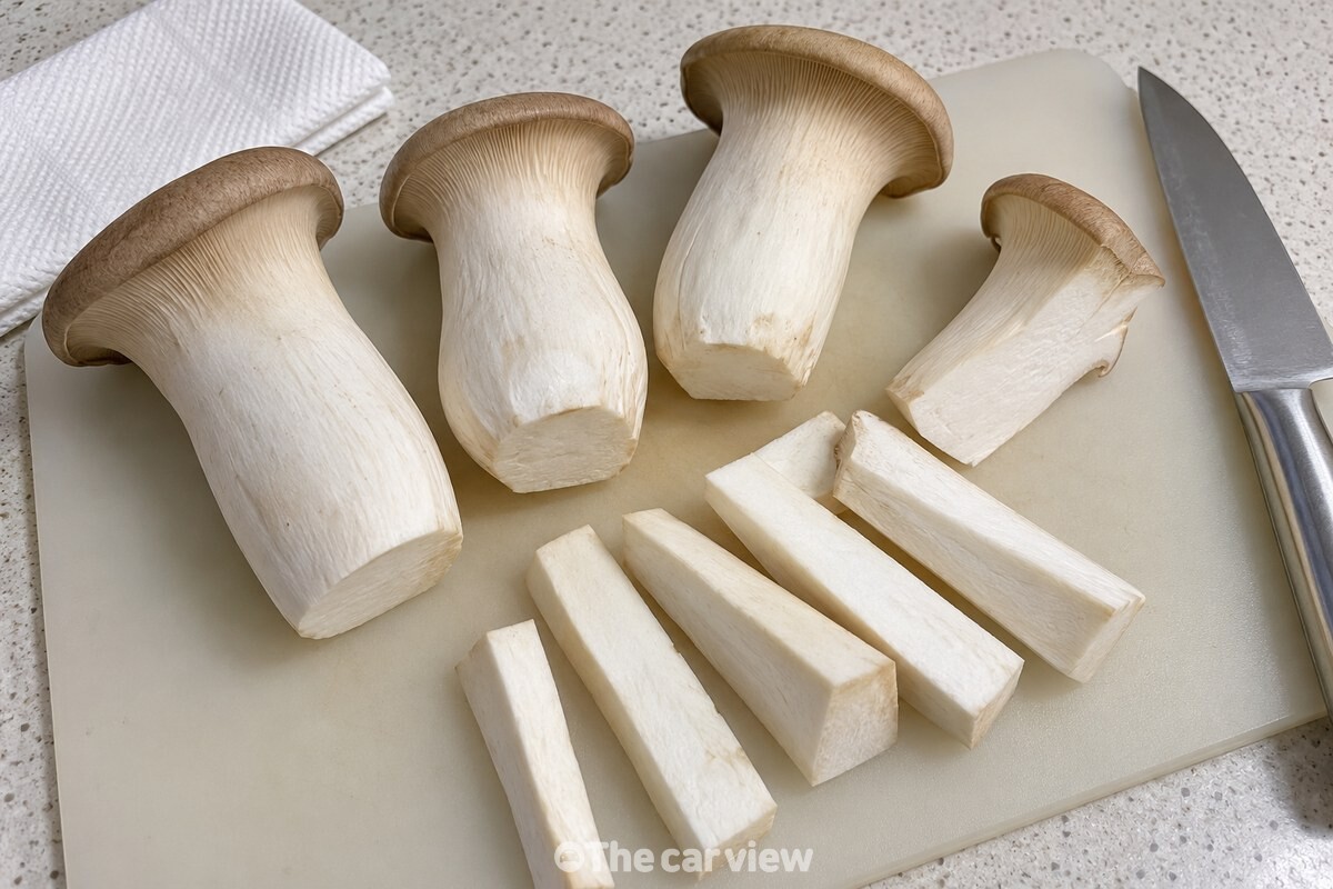 키친타월 옆 도마 위에 밑동을 자른 새송이버섯과 도톰하게 썬 버섯 막대가 놓여 있다. / 기사 이해를 돕기 위한 생성형 이미지