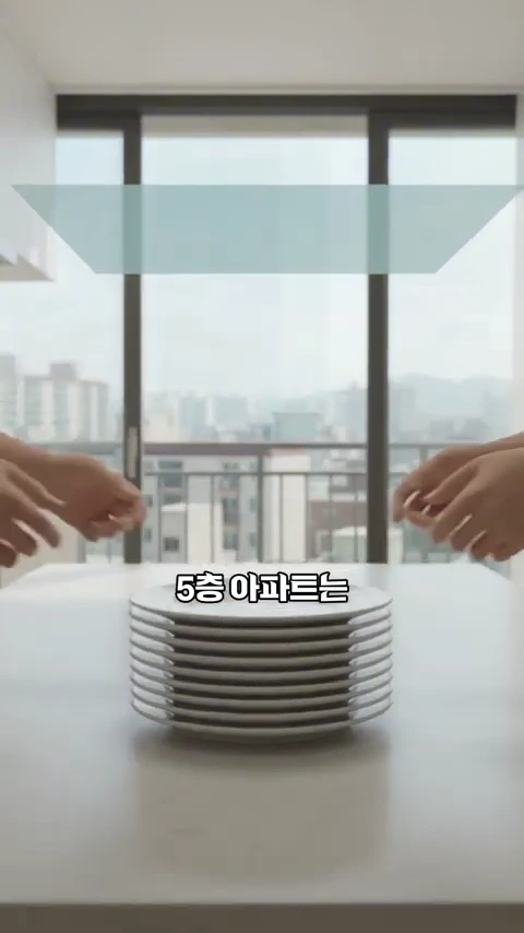테이블 위에 쌓인 8개의 접시와 그 위에 떠 있는 투명한 푸른색 사각형 그래픽. 양옆으로 사람의 손이 나와 있다.