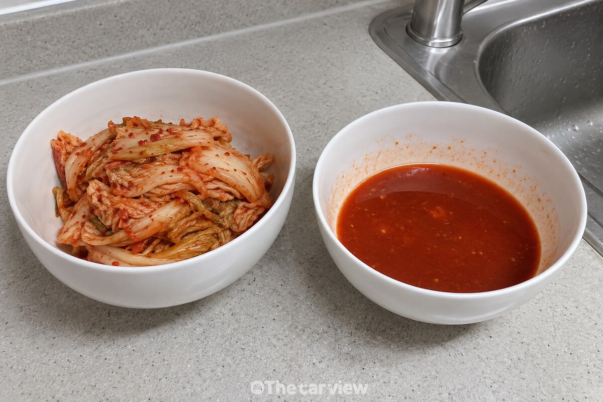 꼭 짠 신김치와 받아 둔 김치 국물이 흰 그릇에 나뉘어 놓여 있다. / 기사 이해를 돕기 위한 생성형 이미지