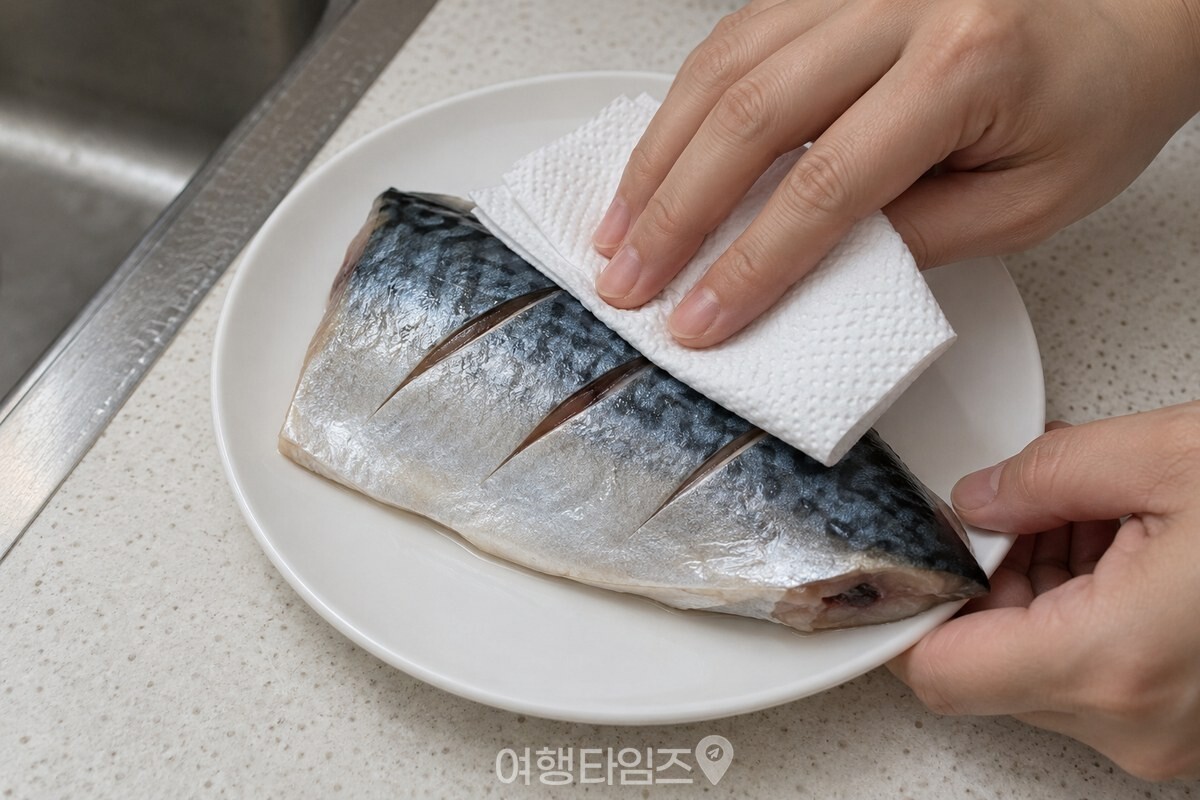 키친타월로 고등어 껍질과 칼집 사이의 물기를 닦는 모습. / 기사 이해를 돕기 위한 생성형 이미지