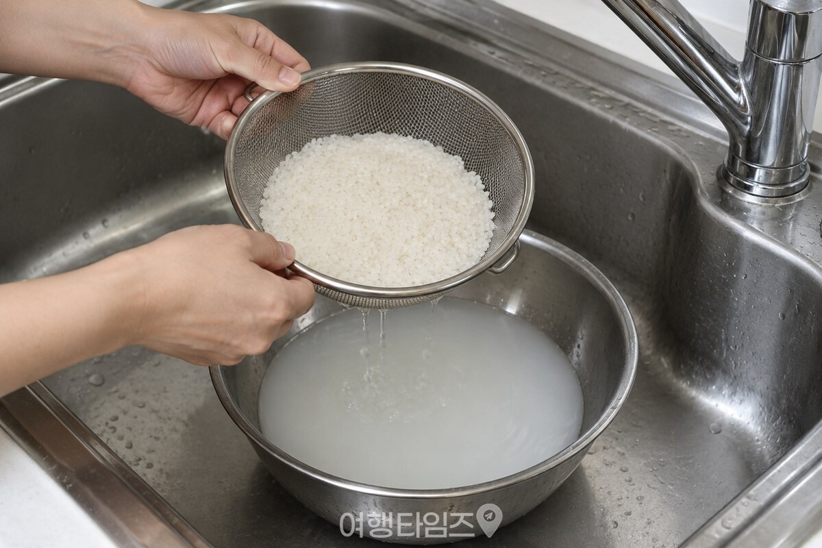 쌀을 두세 번째 씻어 받은 뽀얀 물을 넓은 스테인리스 볼에 담은 모습. / 기사 이해를 돕기 위한 생성형 이미지
