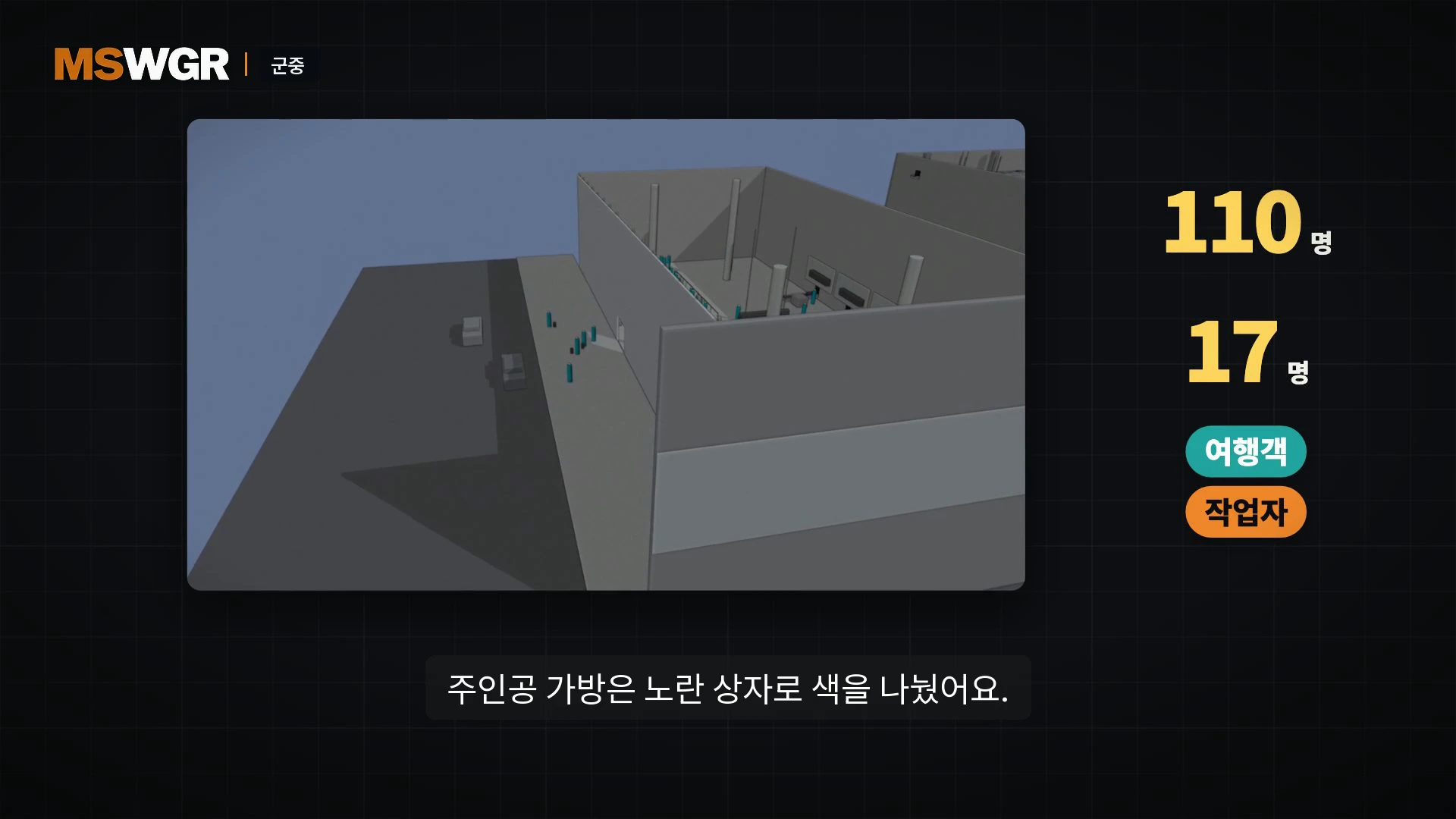 블렌더에서 생성된 3D 공항 모델이 담긴 화면으로, 청록색과 주황색의 작은 기둥들이 군중을 나타내고 오른쪽에 여행객과 작업자 수 및 색상 범례가 표시되어 있다.