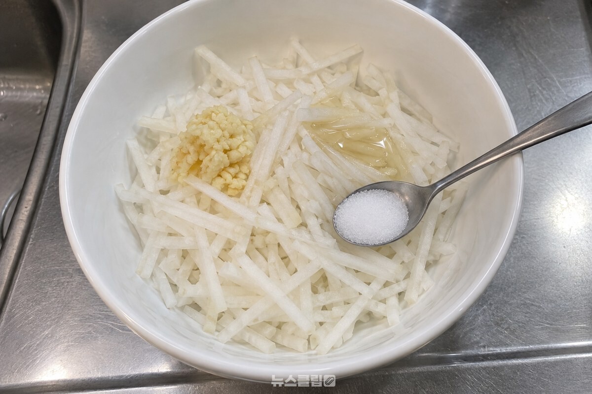 채 썬 무와 적은 양의 양념이 담긴 깨끗한 흰 그릇 / 기사 이해를 돕기 위한 생성형 이미지