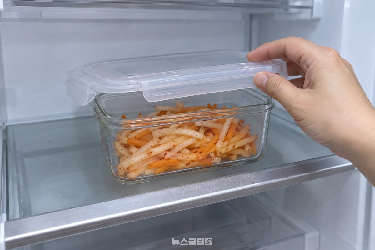 남은 단감 무생채를 투명 밀폐용기에 담아 냉장 보관하는 모습 / 기사 이해를 돕기 위한 생성형 이미지