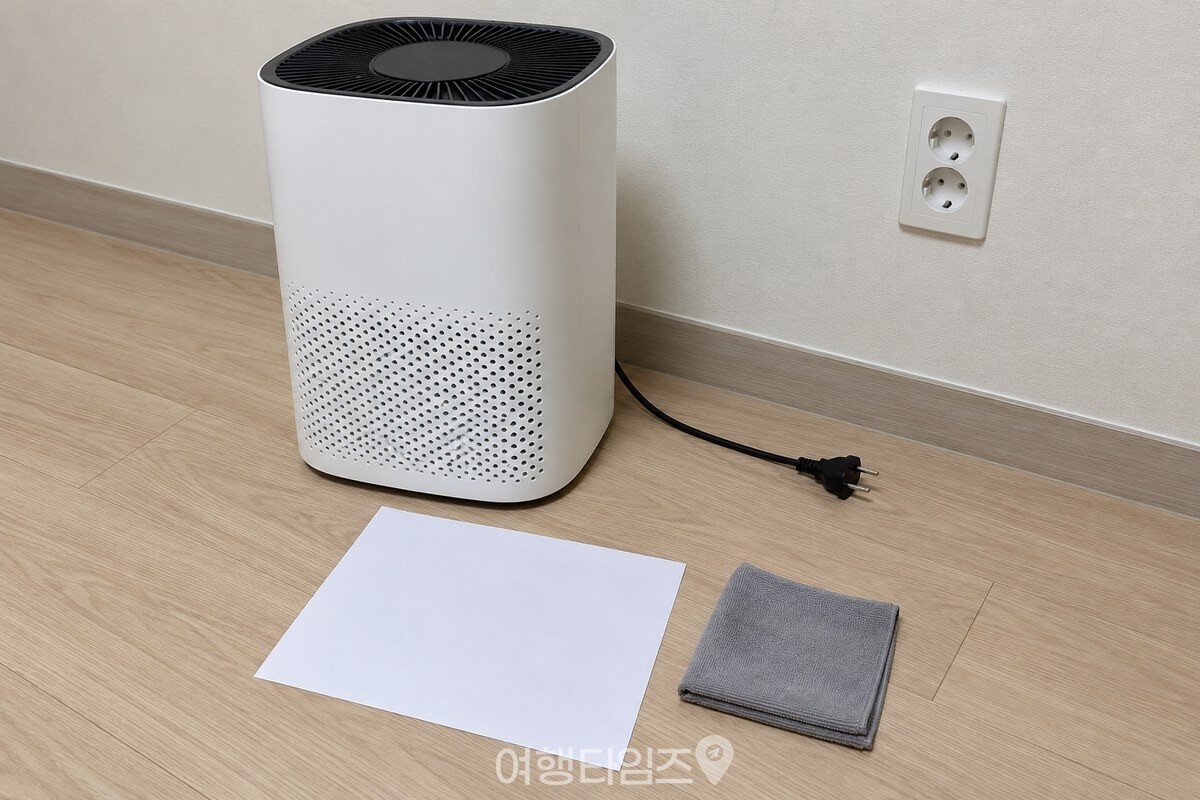 전원을 끄고 플러그를 뽑은 공기청정기 앞에 A4 용지와 안경 닦는 천을 준비한 모습. / 기사 이해를 돕기 위한 생성형 이미지