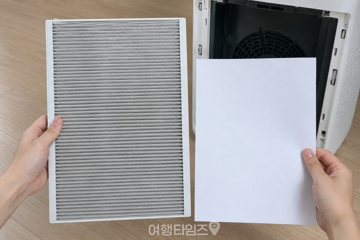 꺼낸 공기청정기 필터의 바깥쪽 면을 A4 용지와 나란히 대어 색을 비교하는 모습. / 기사 이해를 돕기 위한 생성형 이미지