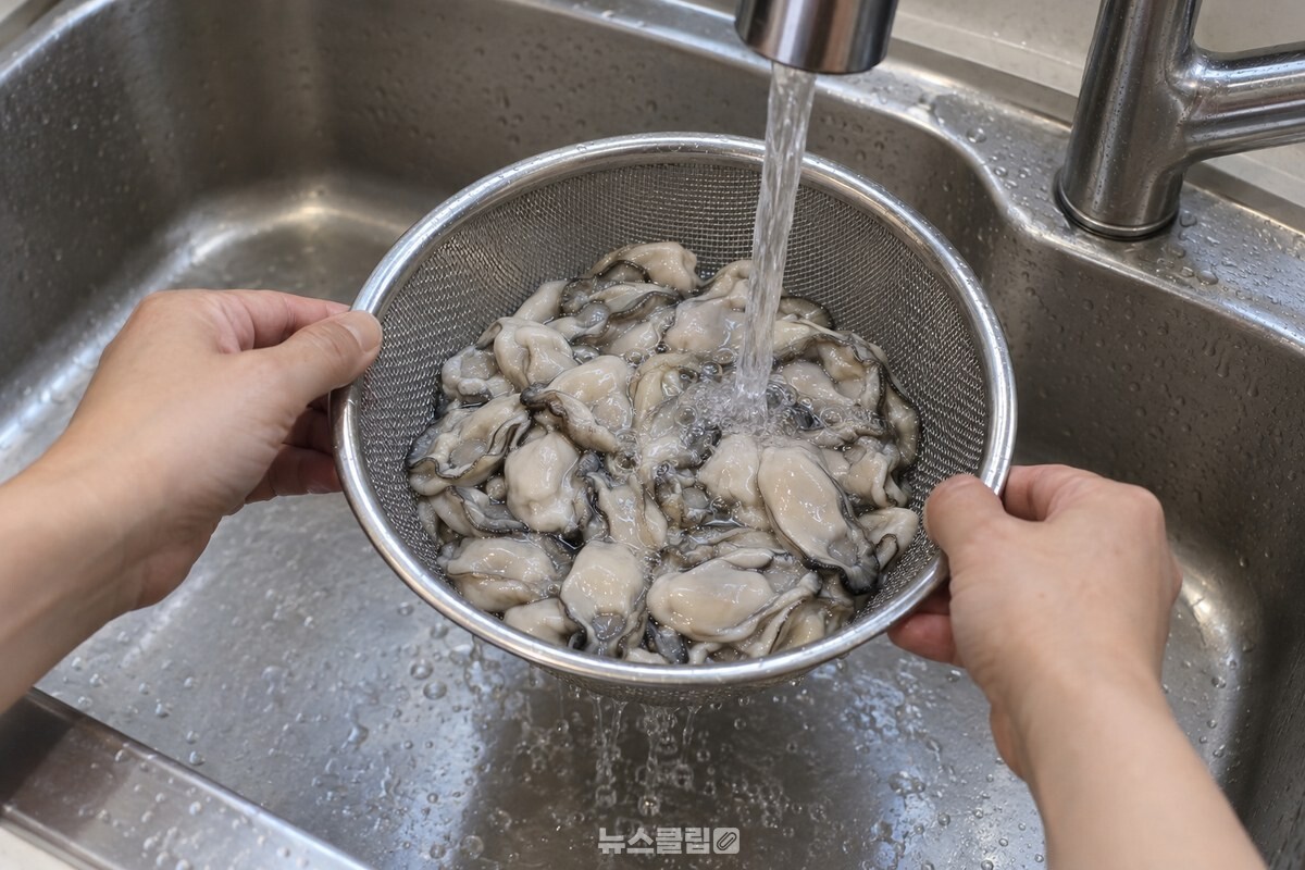 체에 담은 굴을 흐르는 찬물 아래에서 가볍게 헹구는 모습. / 기사 이해를 돕기 위한 생성형 이미지