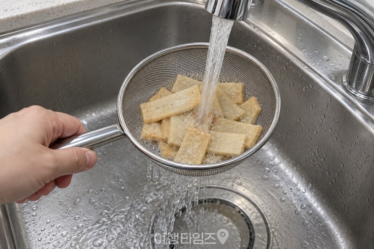 체에 건진 어묵을 찬물로 헹구는 손. / 기사 이해를 돕기 위한 생성형 이미지