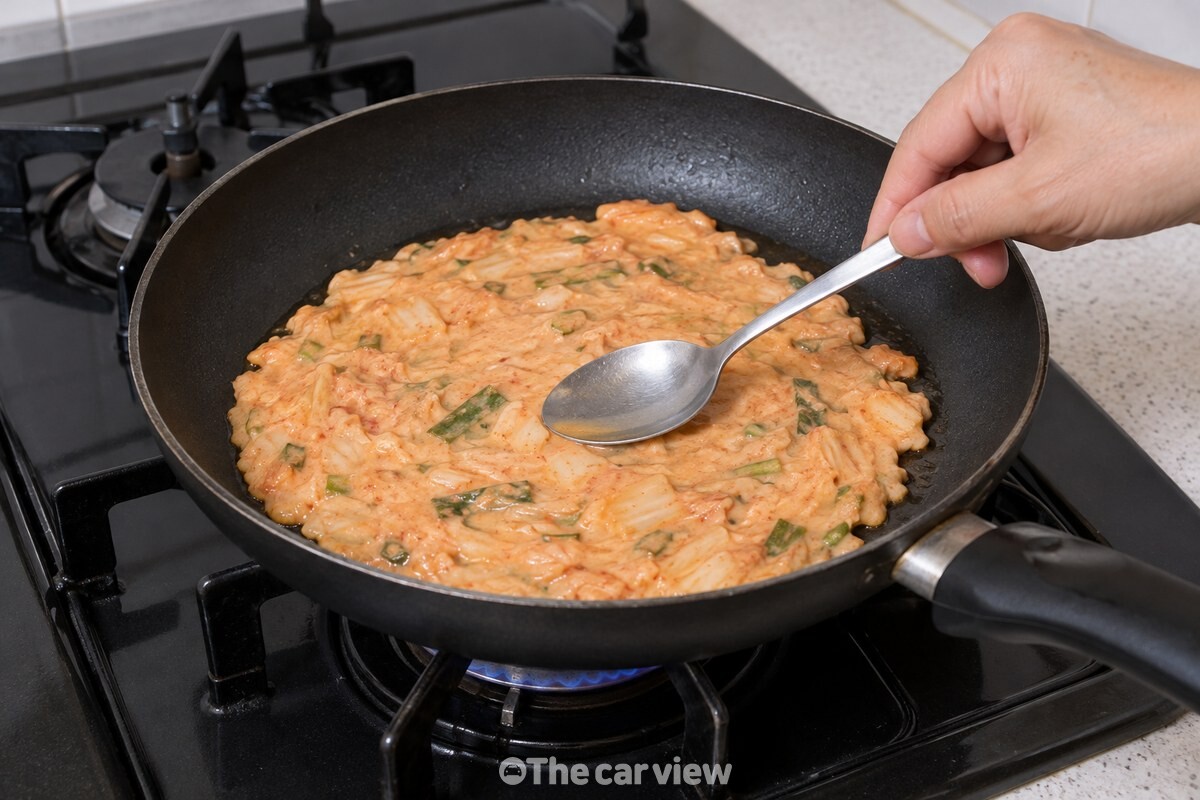 숟가락 뒷면으로 얇게 펴는 김치전 반죽. / 기사 이해를 돕기 위한 생성형 이미지