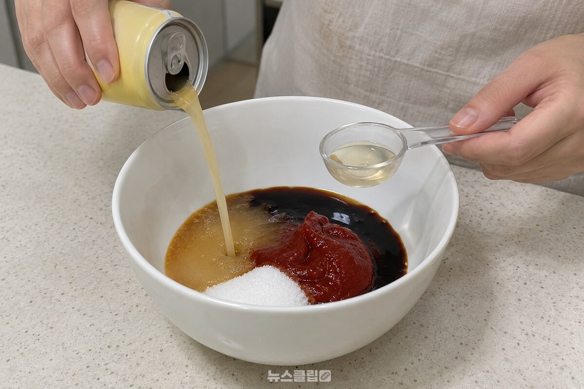 계량한 고추장과 간장, 설탕, 배 음료를 양념 그릇에 담은 모습이다. / 기사 이해를 돕기 위한 생성형 이미지