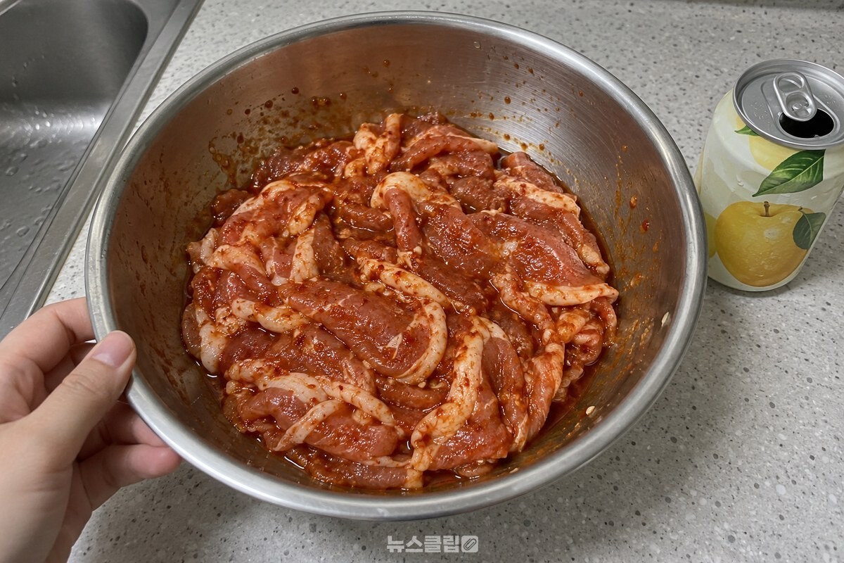 배 음료를 섞은 붉은 양념에 얇게 썬 앞다리살을 담아 둔 모습이다. / 기사 이해를 돕기 위한 생성형 이미지