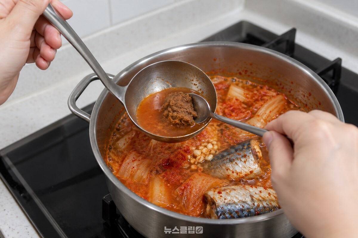 국자를 든 손이 찌개 국물에 된장 한 작은술을 숟가락으로 풀고 있다. / 기사 이해를 돕기 위한 생성형 이미지