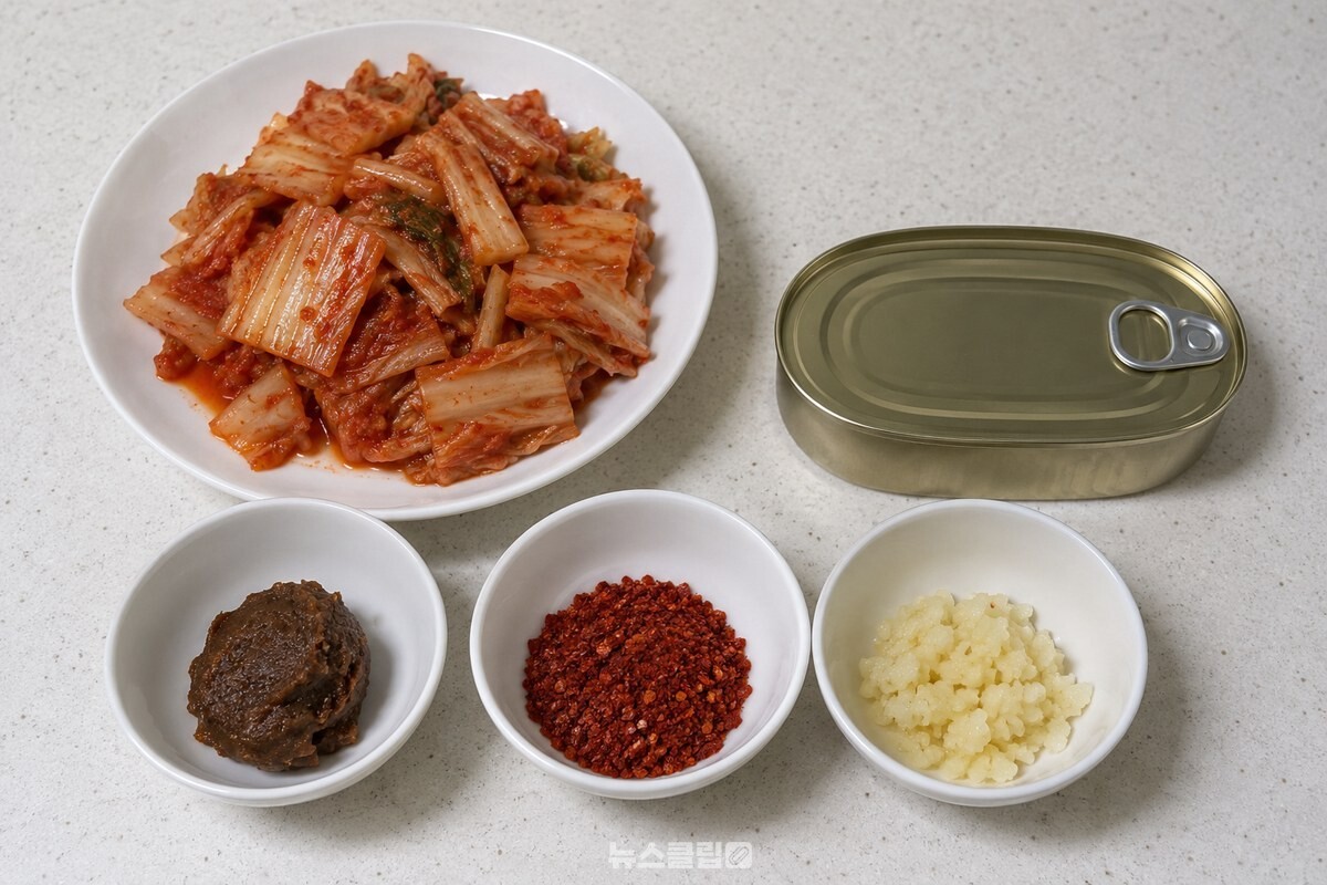 신김치와 꽁치 통조림, 된장과 고춧가루·다진 마늘을 조리대에 필요한 만큼 준비한 모습. / 기사 이해를 돕기 위한 생성형 이미지
