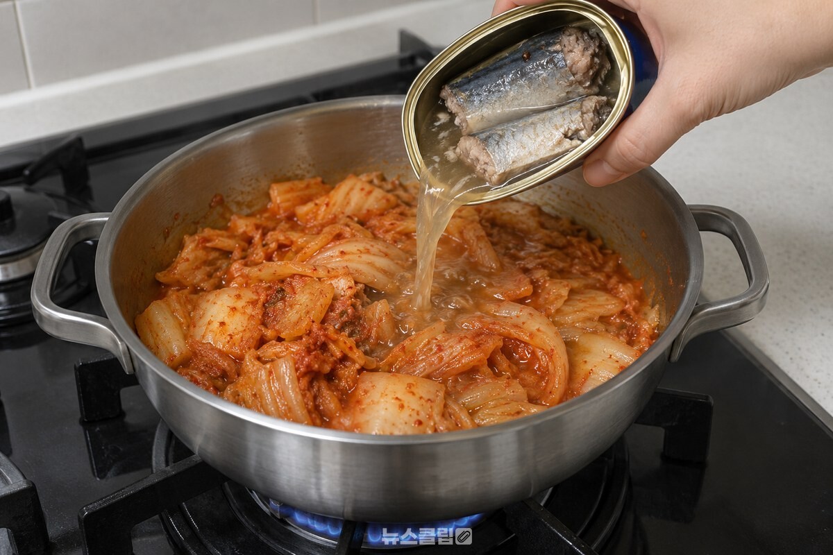 냄비에서 숨이 죽은 신김치 위로 꽁치 통조림 국물을 조심스럽게 붓고 있다. / 기사 이해를 돕기 위한 생성형 이미지