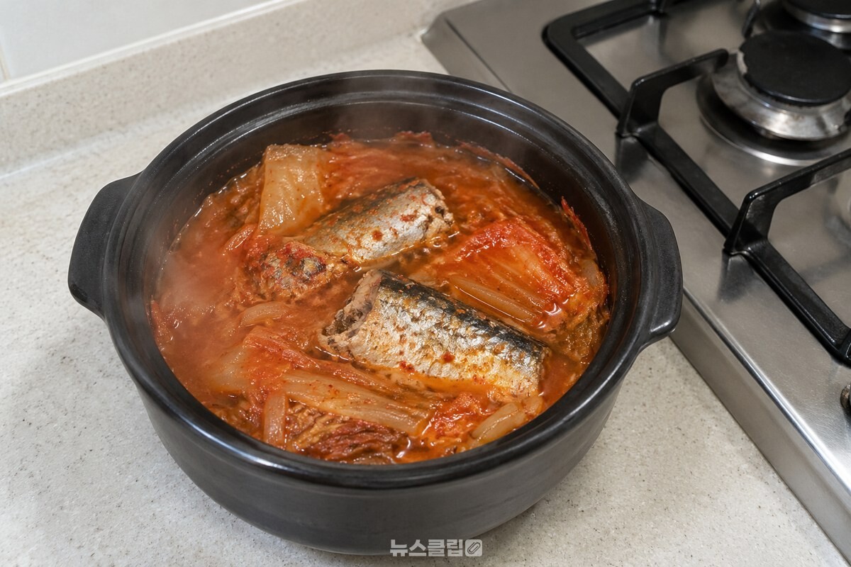 뚝배기에 담긴 꽁치 김치찌개 위로 꽁치 살과 김치가 함께 보인다. / 기사 이해를 돕기 위한 생성형 이미지