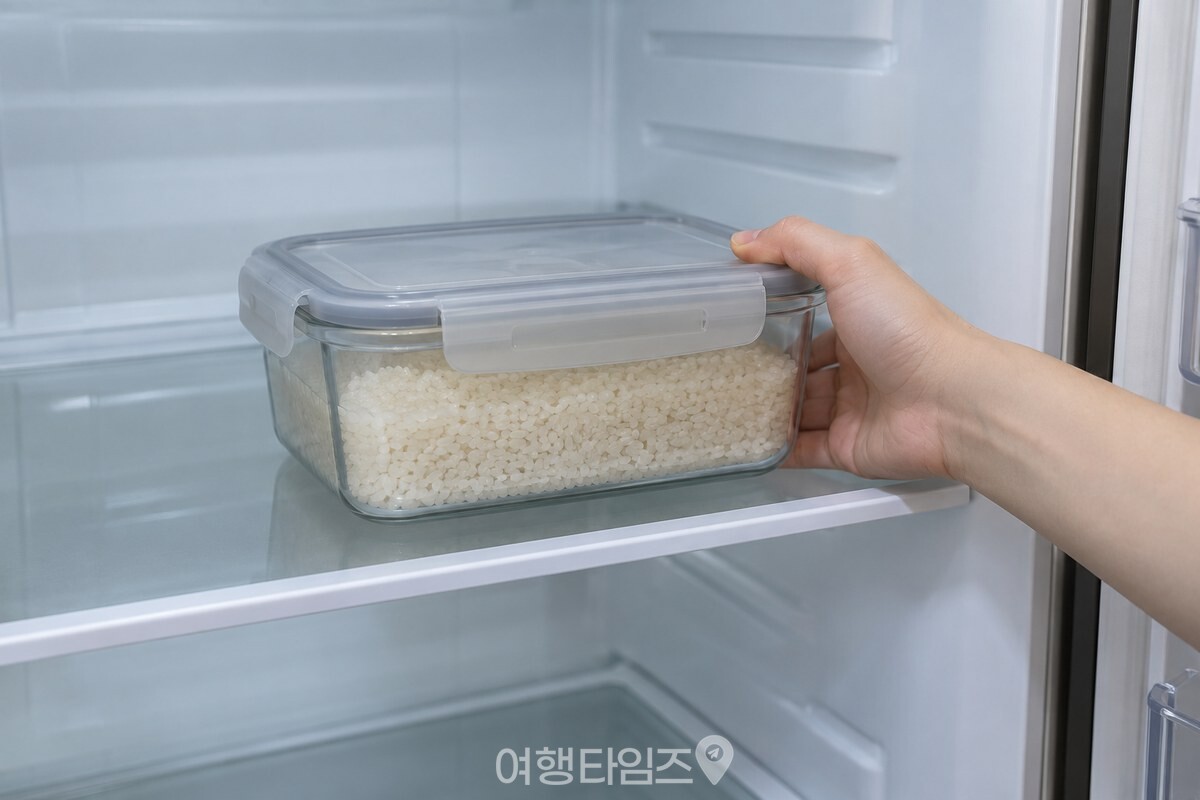 밀폐 통에 담은 쌀을 냉장고 선반에 넣어 보관하고 있다. / 기사 이해를 돕기 위한 생성형 이미지