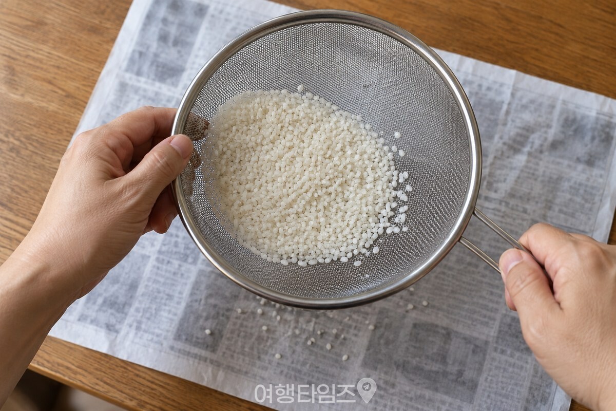 신문지를 깐 식탁에서 손이 둥근 체에 담긴 쌀을 가볍게 흔들고 있다. / 기사 이해를 돕기 위한 생성형 이미지