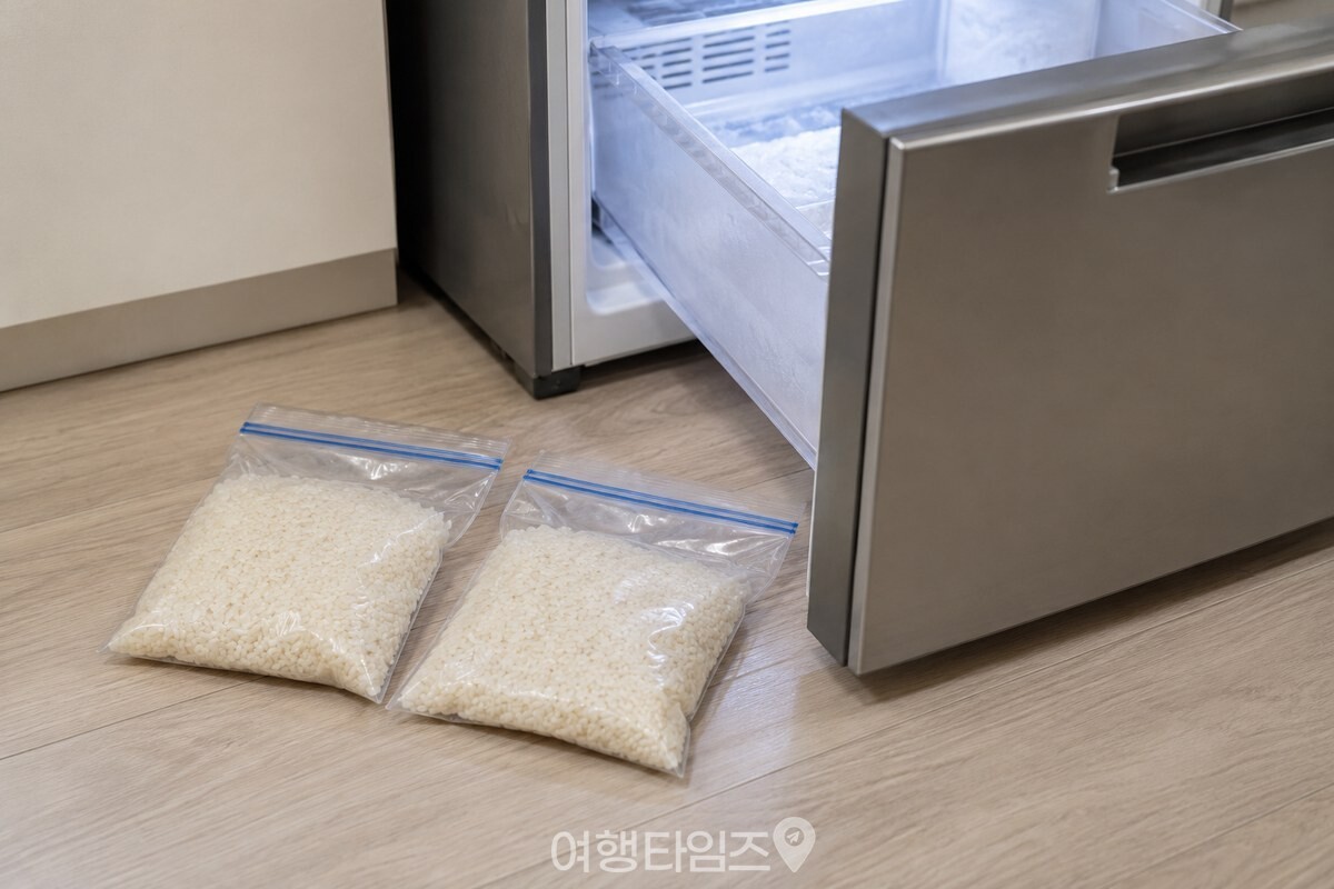 한 번에 거를 만큼 나눠 담아 입구를 닫은 쌀 지퍼백이 냉동실 앞에 놓여 있다. / 기사 이해를 돕기 위한 생성형 이미지