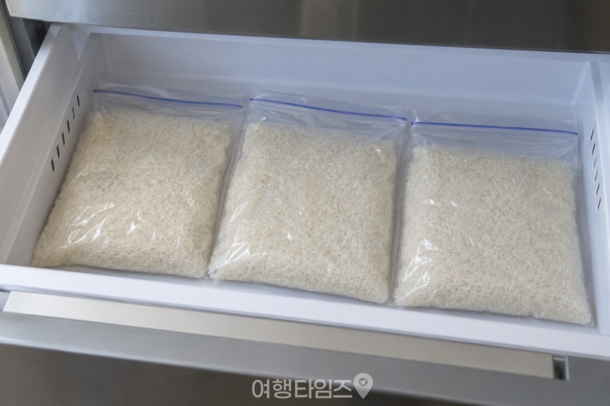 냉동실 칸에 입구를 닫은 지퍼백 여러 개에 나눠 담은 쌀이 놓여 있다. / 기사 이해를 돕기 위한 생성형 이미지