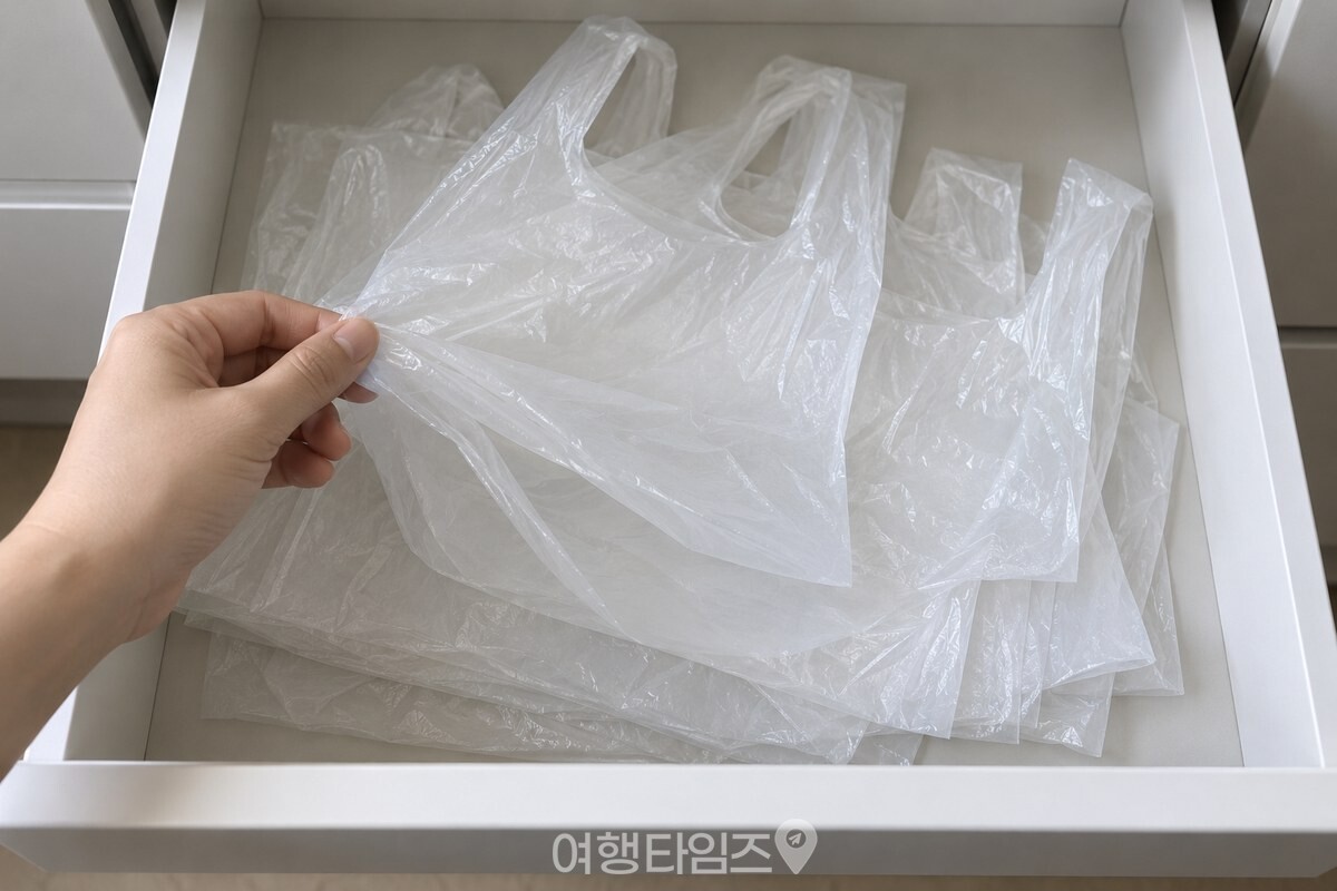 얇은 비닐봉투 여러 장이 주방 서랍 안에서 서로 겹쳐 쌓여 있다. / 기사 이해를 돕기 위한 생성형 이미지