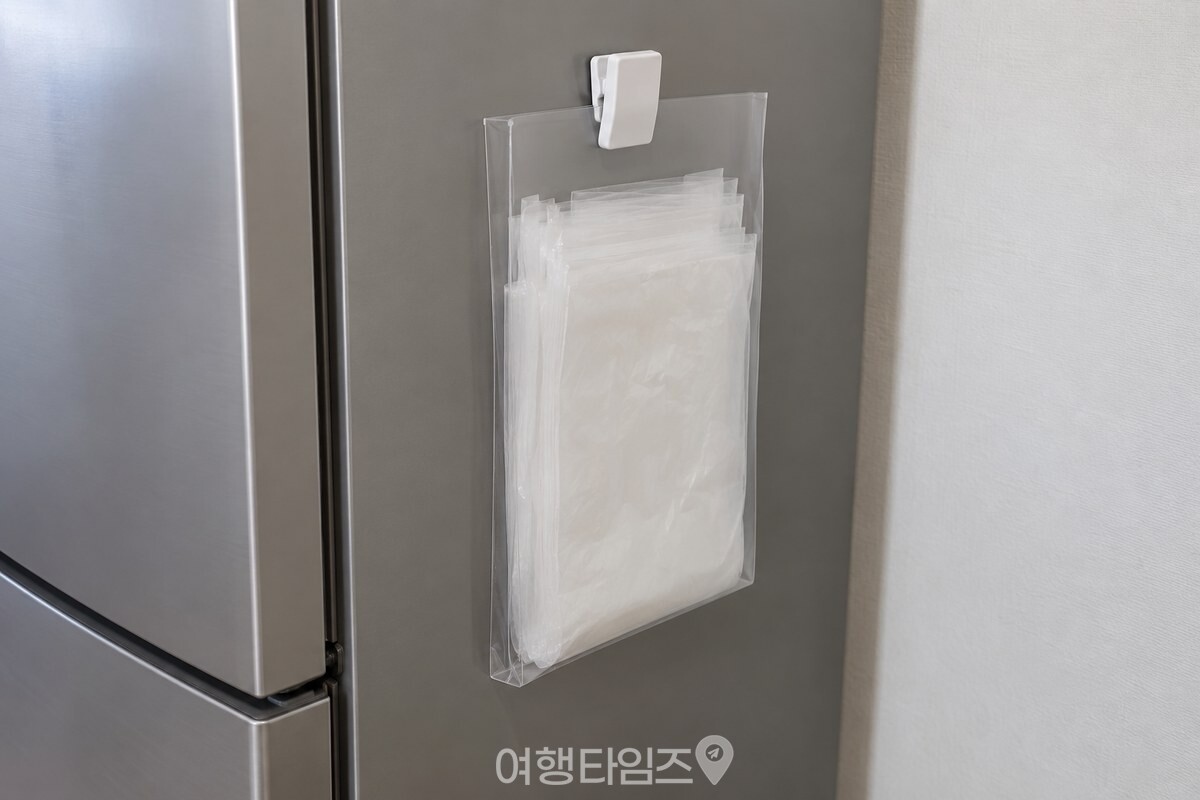 냉장고 옆면에 자석 집게로 고정한 투명 L자 파일 안에 작은 비닐봉투가 같은 방향으로 들어 있다. / 기사 이해를 돕기 위한 생성형 이미지