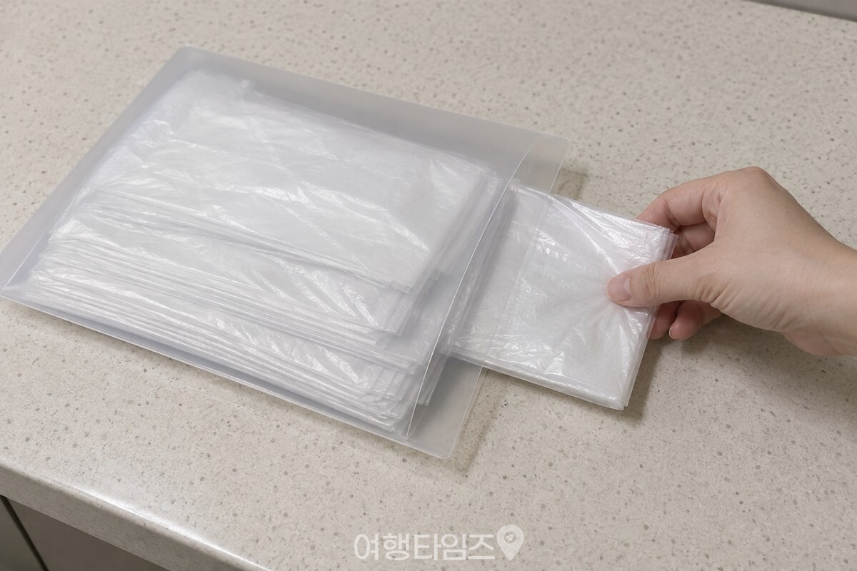 접은 작은 비닐봉투를 투명 L자 파일 안에 너무 두껍지 않게 넣고 있다. / 기사 이해를 돕기 위한 생성형 이미지