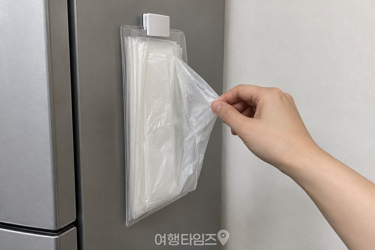 냉장고 옆 투명 파일의 열린 틈에서 맨 앞 비닐봉투 한 장을 옆으로 꺼내고 있다. / 기사 이해를 돕기 위한 생성형 이미지
