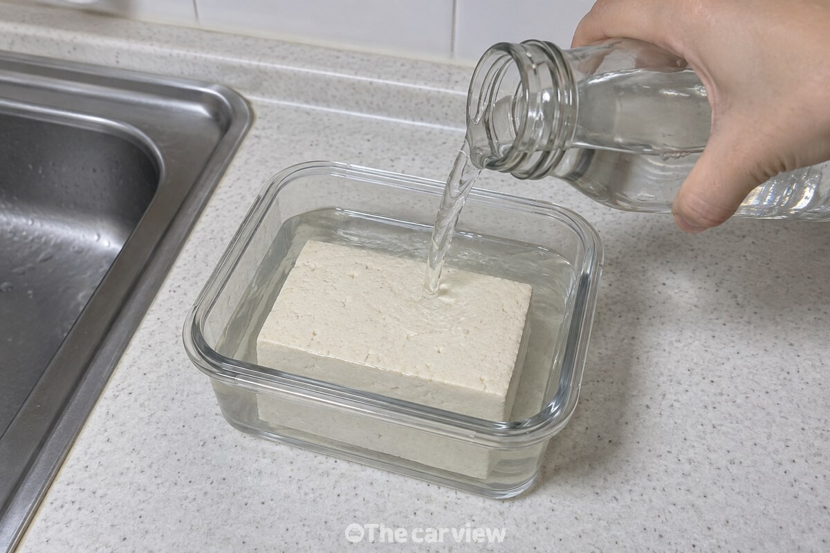 용기 안의 두부 윗면보다 약 1cm 높게 맑은 물을 채우는 모습. / 기사 이해를 돕기 위한 생성형 이미지