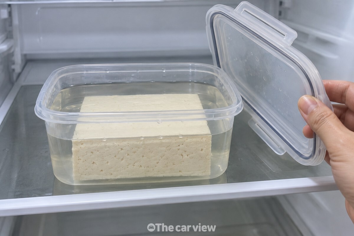 밀폐용기 안에서 맑은 물에 완전히 잠긴 남은 두부와 닫기 전의 뚜껑. / 기사 이해를 돕기 위한 생성형 이미지