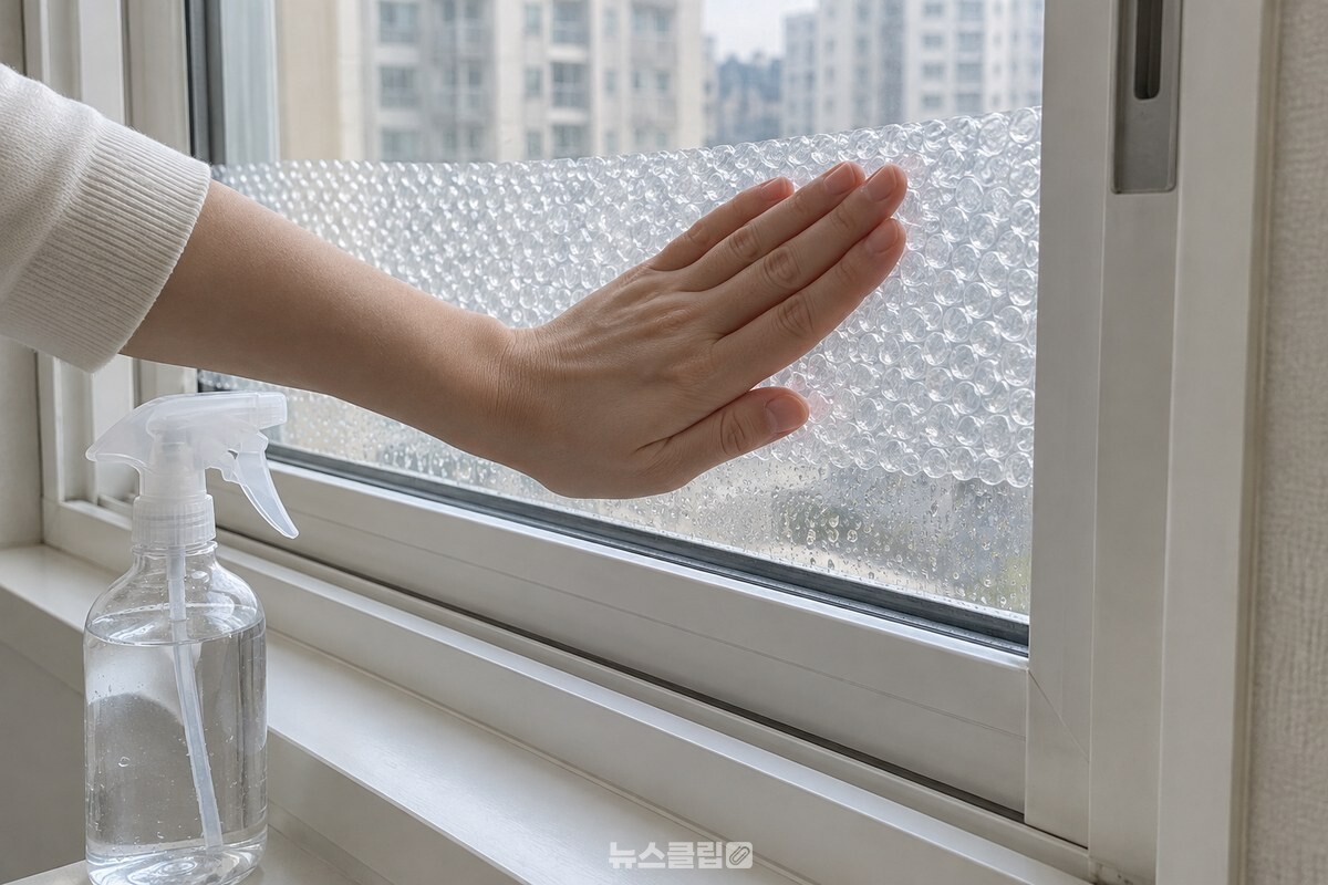 물기를 뿌린 창 유리 가장자리에 볼록한 면이 닿게 뽁뽁이를 대고 손바닥으로 밀착시키는 모습. / 기사 이해를 돕기 위한 생성형 이미지