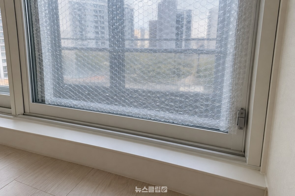 창틀 가장자리와 유리 중앙의 뽁뽁이가 겹쳐 붙어 있고 미닫이 레일과 잠금장치는 비워 둔 모습. / 기사 이해를 돕기 위한 생성형 이미지