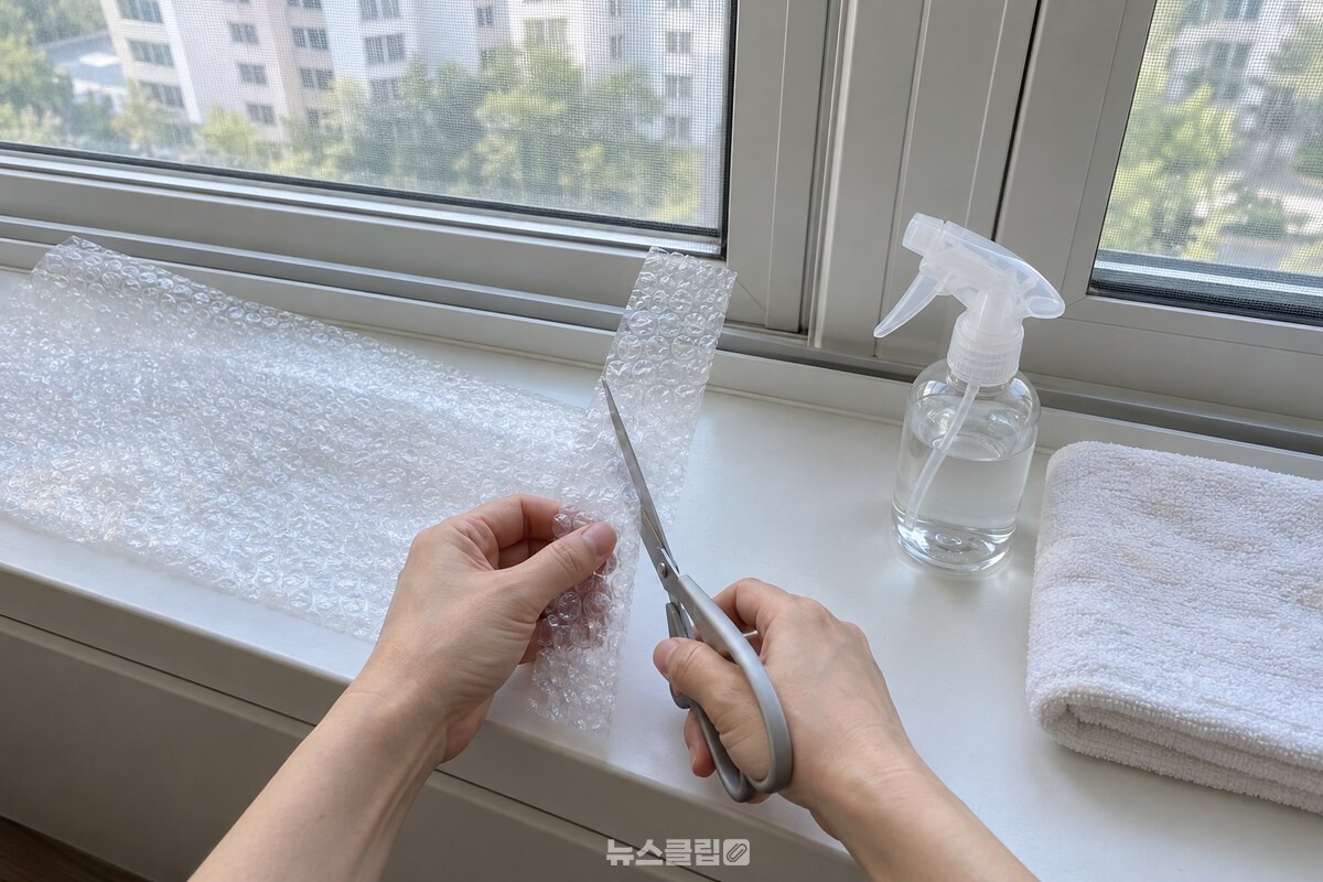 마른 수건으로 닦은 창틀 옆에서 뽁뽁이를 가장자리 폭에 맞춰 띠 모양으로 자르는 준비 장면. / 기사 이해를 돕기 위한 생성형 이미지