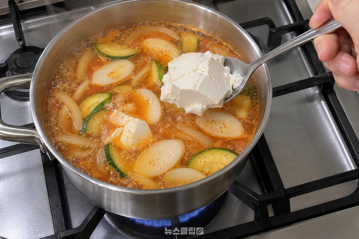 끓는 떡국 냄비에 순두부를 숟가락으로 큼직하게 떠 넣는 장면. / 기사 이해를 돕기 위한 생성형 이미지