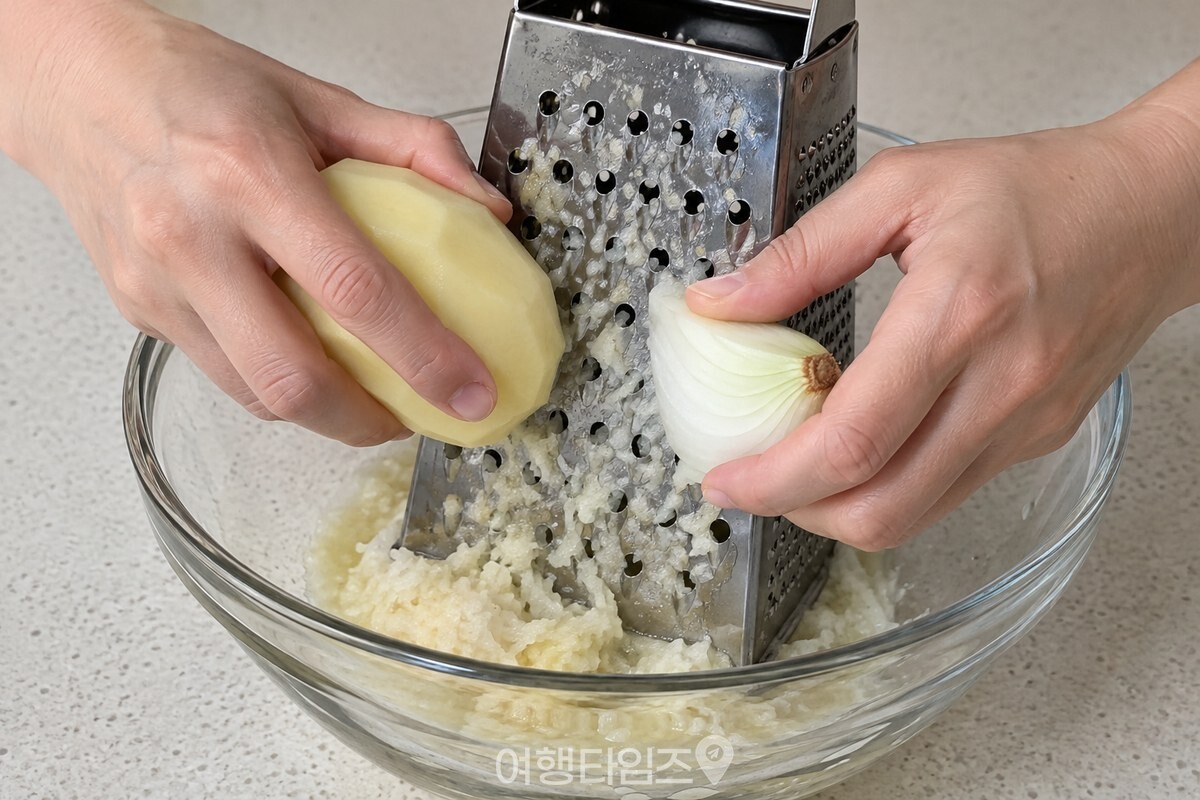 강판 위에서 감자와 양파 한 조각을 같은 그릇에 함께 갈고 있다. / 기사 이해를 돕기 위한 생성형 이미지
