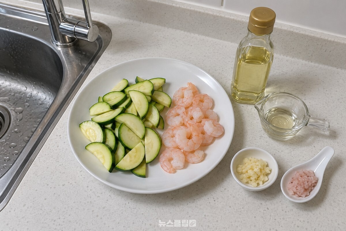 반달 모양 애호박과 데친 칵테일새우, 볶음에 쓸 양념을 조리대에 준비해 둔 모습이다. / 기사 이해를 돕기 위한 생성형 이미지