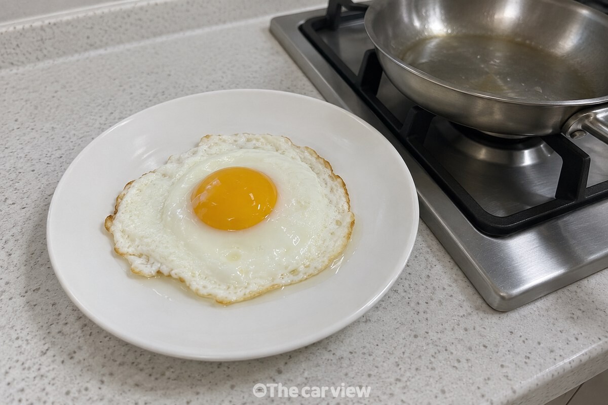 흰자는 고르게 익고 노른자는 촉촉하게 남은 계란후라이가 작은 흰 접시에 담겨 있다. / 기사 이해를 돕기 위한 생성형 이미지