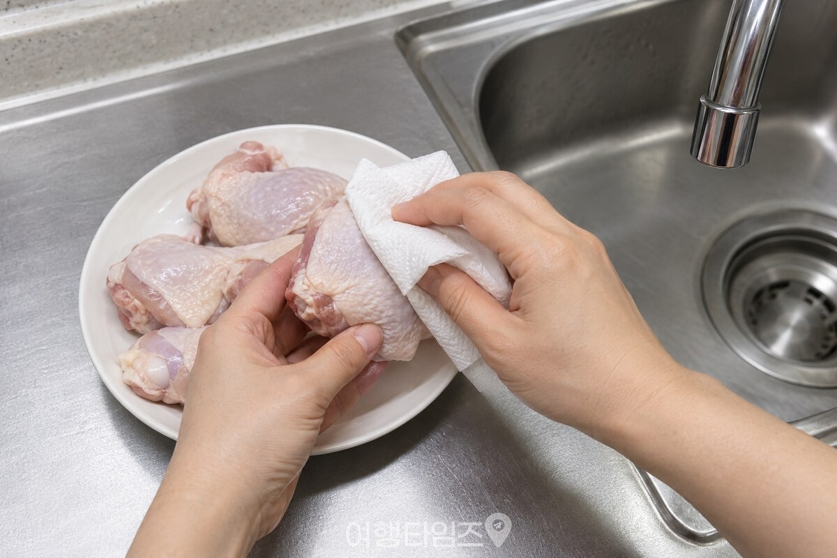 키친타월로 닭고기 껍질의 물기를 닦아 내는 준비 단계. / 기사 이해를 돕기 위한 생성형 이미지