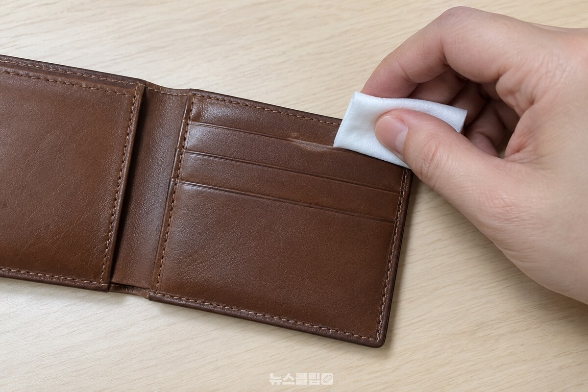 알코올솜으로 가죽 지갑의 벌어진 카드칸 입구를 닦는 손. / 기사 이해를 돕기 위한 생성형 이미지