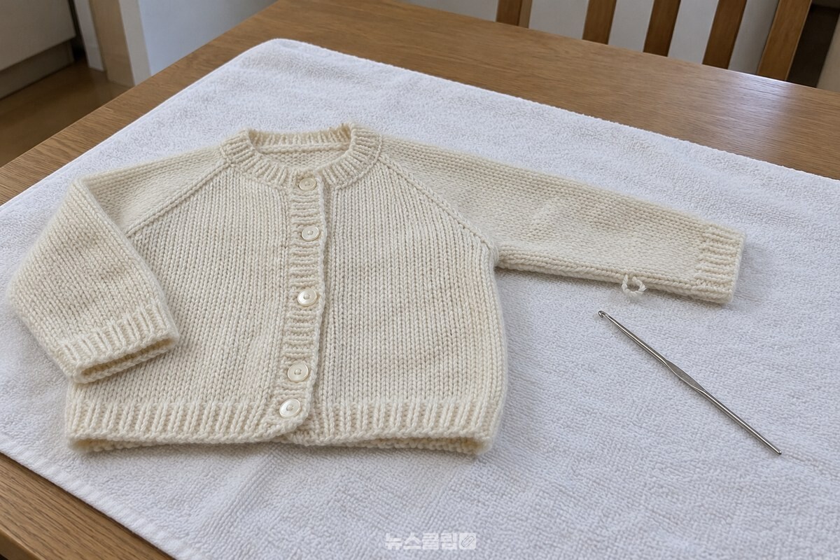 수건을 깐 식탁 위에 아기 카디건과 가는 코바늘을 준비한 모습이다. / 기사 이해를 돕기 위한 생성형 이미지
