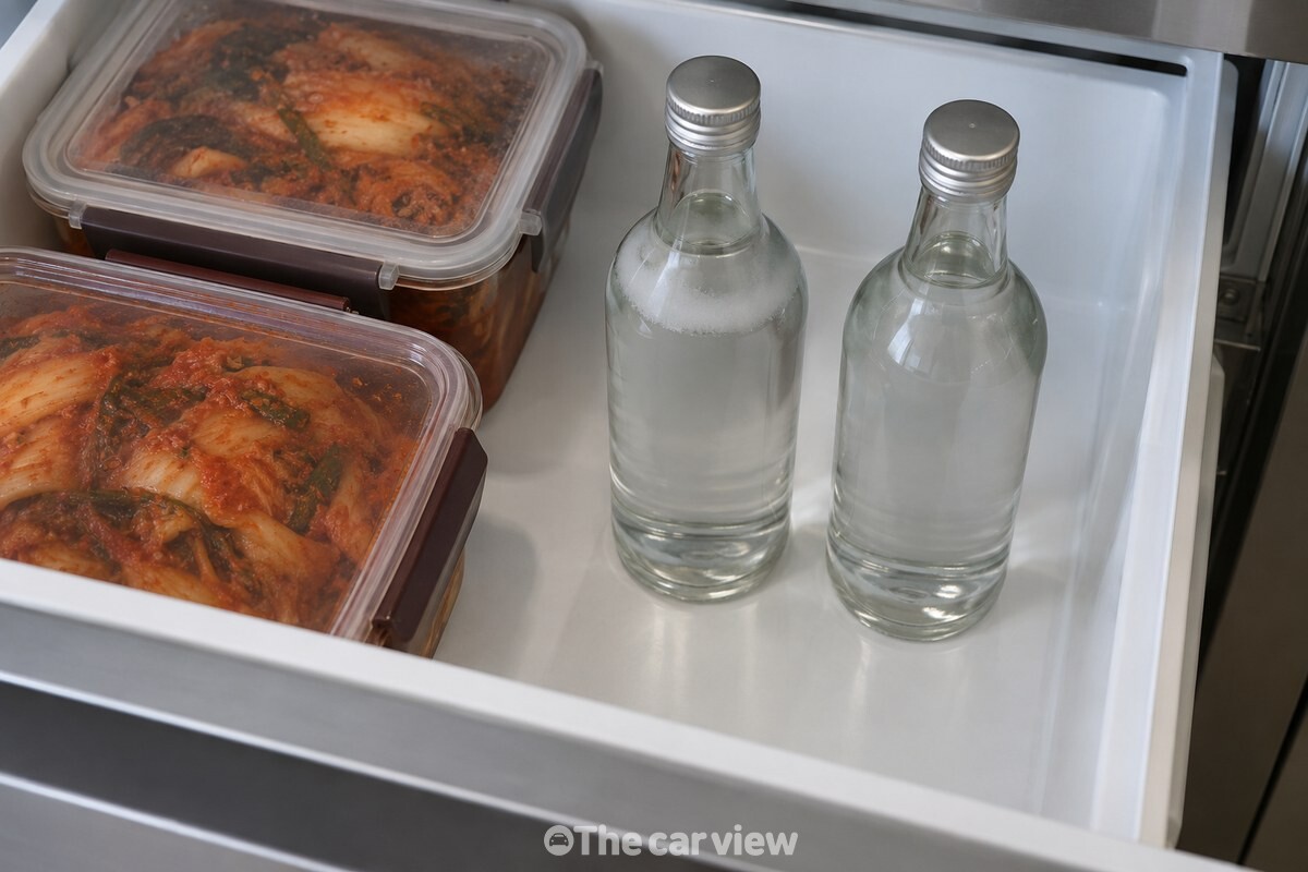 김치냉장고 서랍 안 김치통 옆에 세워 둔 유리병 음료를 보여주는 장면 / 기사 이해를 돕기 위한 생성형 이미지