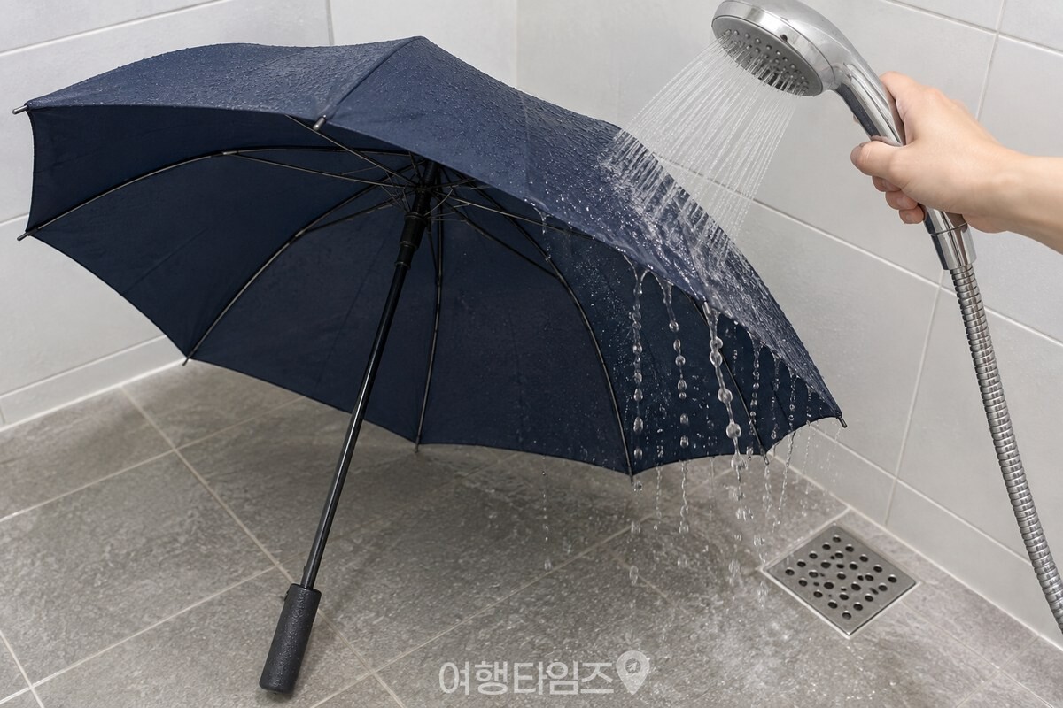 샤워기 물로 펼친 천 우산의 겉면을 헹구는 모습이다. / 기사 이해를 돕기 위한 생성형 이미지