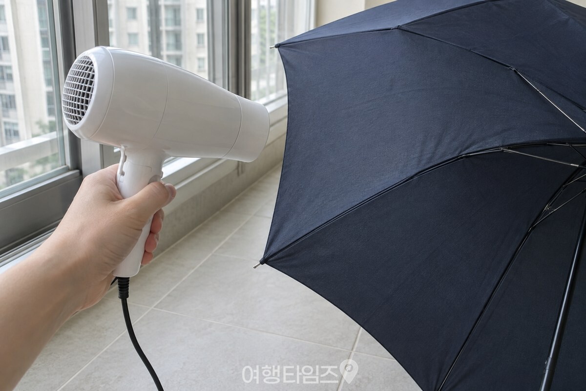 드라이기를 우산 천에서 떨어뜨린 채 한 폭을 따라 움직이며 온풍을 쐬고 있다. / 기사 이해를 돕기 위한 생성형 이미지