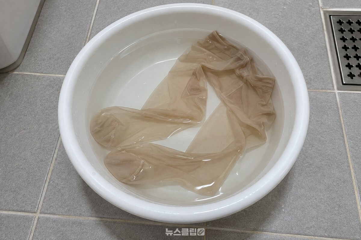 소금물을 탄 흰 대야에 새 스타킹을 담가 둔 모습. / 기사 이해를 돕기 위한 생성형 이미지