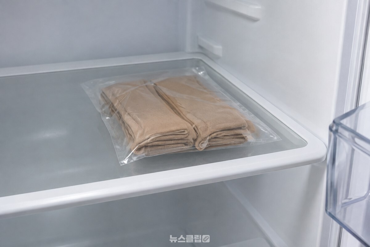 냉장실 선반 한쪽에 포장을 뜯지 않은 새 스타킹을 넣어둔 모습. / 기사 이해를 돕기 위한 생성형 이미지
