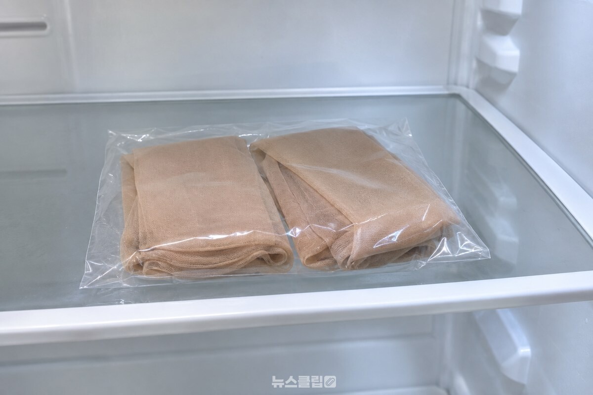 투명 포장에 든 새 살색 스타킹 한 묶음을 냉장실 선반에 올려둔 모습. / 기사 이해를 돕기 위한 생성형 이미지