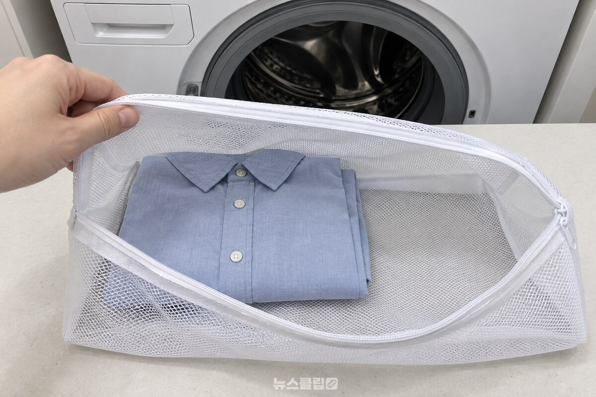 세탁망 안에 접힌 셔츠가 한 장만 들어 있고 옷 주변에 움직일 공간이 남아 있다. / 기사 이해를 돕기 위한 생성형 이미지