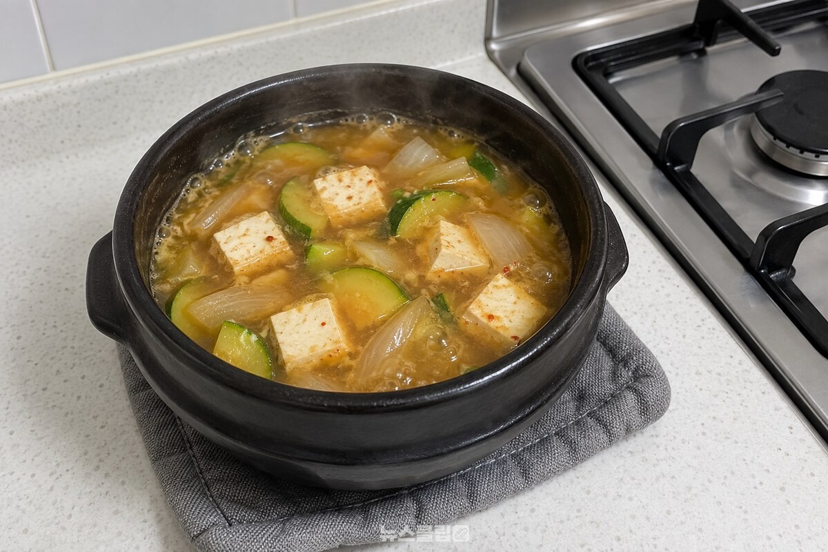 뚝배기에 담긴 된장찌개에 두부와 애호박이 고르게 익어 있다. / 기사 이해를 돕기 위한 생성형 이미지